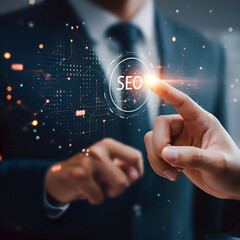 Search engine optimization, hand reaching out, finger touching, pressing seo button, icon on holographic screen, digital marketing, business technology.