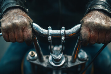 Obraz premium Close-up of weathered hands of older biker gripping motorcycle handlebars.