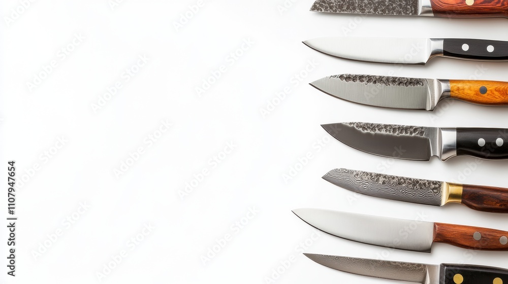 Poster Different styles and types of kitchen knives are arranged on a clean white background, showcasing their intricate designs and sharp blades. Generative AI