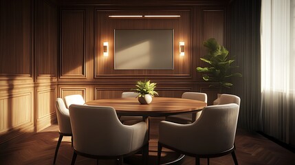 Fototapeta premium Elegant meeting room with a round table, chairs, and a plant, designed for discussions.