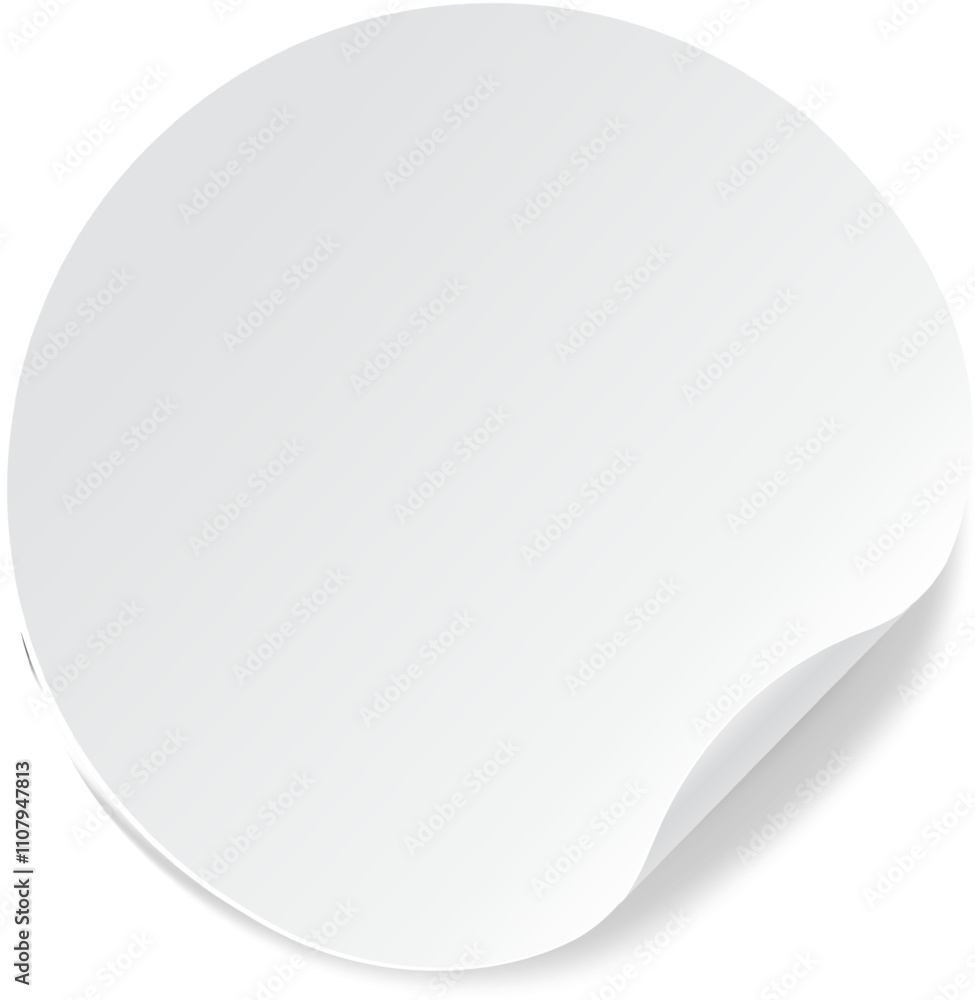 Poster round white blank sticker with a folded corner peeling upwards, creating a three dimensional effect 