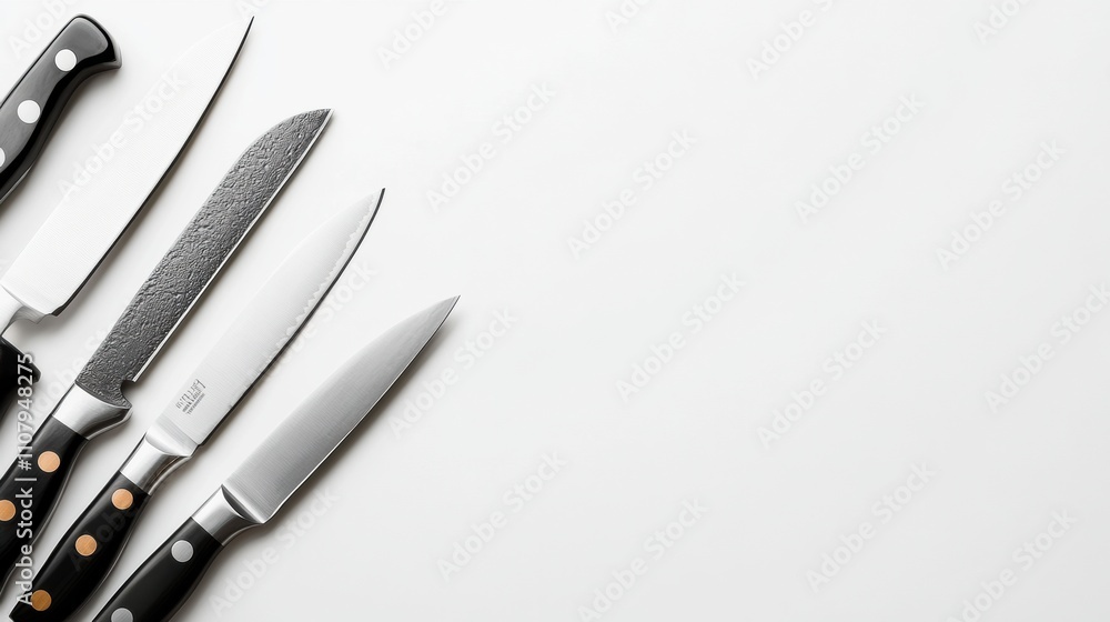 Poster a collection of sharp kitchen knives is neatly arranged on a white background, showcasing their desi