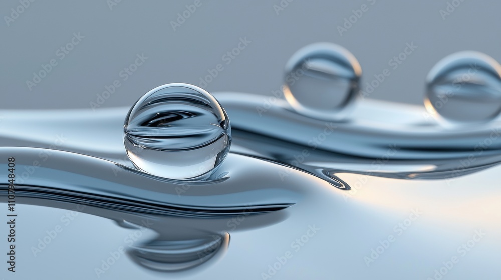 Poster close-up of three water droplets on a reflective surface. the droplets are of different sizes and sh