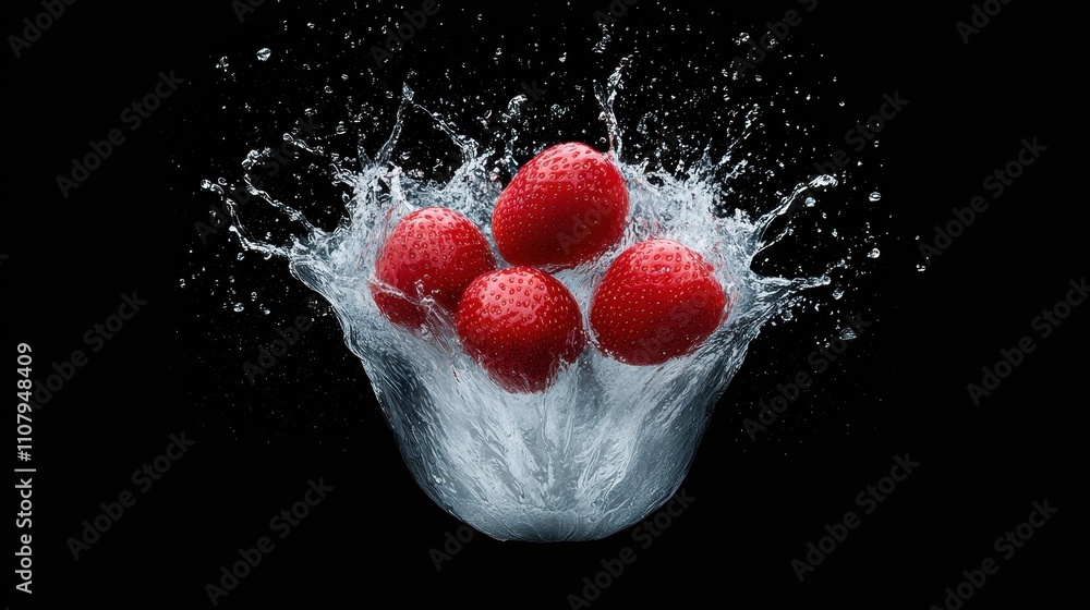 Poster three red strawberries falling into a pool of water. the strawberries are in the center of the image
