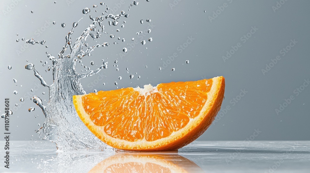 Poster close-up of an orange slice that is splashing into the water. the orange is bright orange in color a
