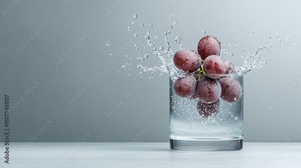 Poster glass of water with a bunch of red grapes in it. the grapes are splashing out of the glass, creating