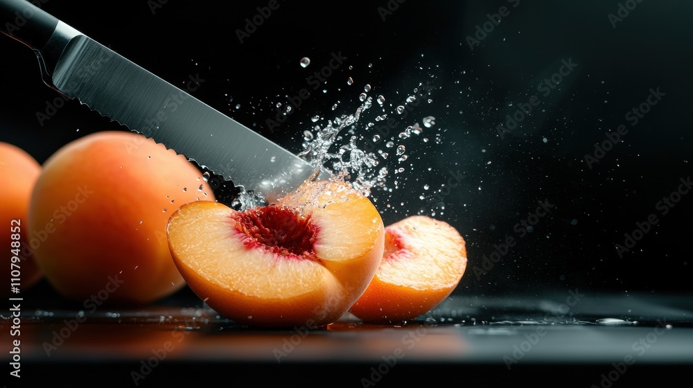 Poster close-up of a knife with a black handle and a silver blade. the knife is being used to slice a peach