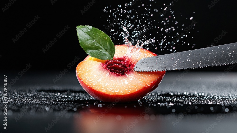 Poster slice of a peach with a green leaf on top. the peach is placed on a black surface with water droplet