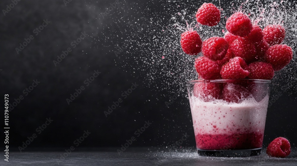 Poster glass of raspberry smoothie on a black background. the smoothie is a creamy red color and is topped 