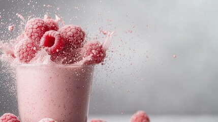 Fototapeta premium Close-up of a glass of raspberry smoothie. the glass is filled with a pinkish-red smoothie and is garnished with fresh raspberries.