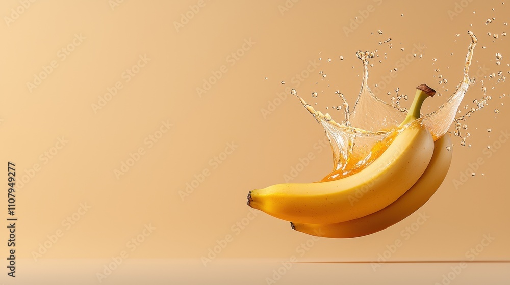 Poster single banana falling into the air. the banana is yellow in color and has a green stem. the water dr