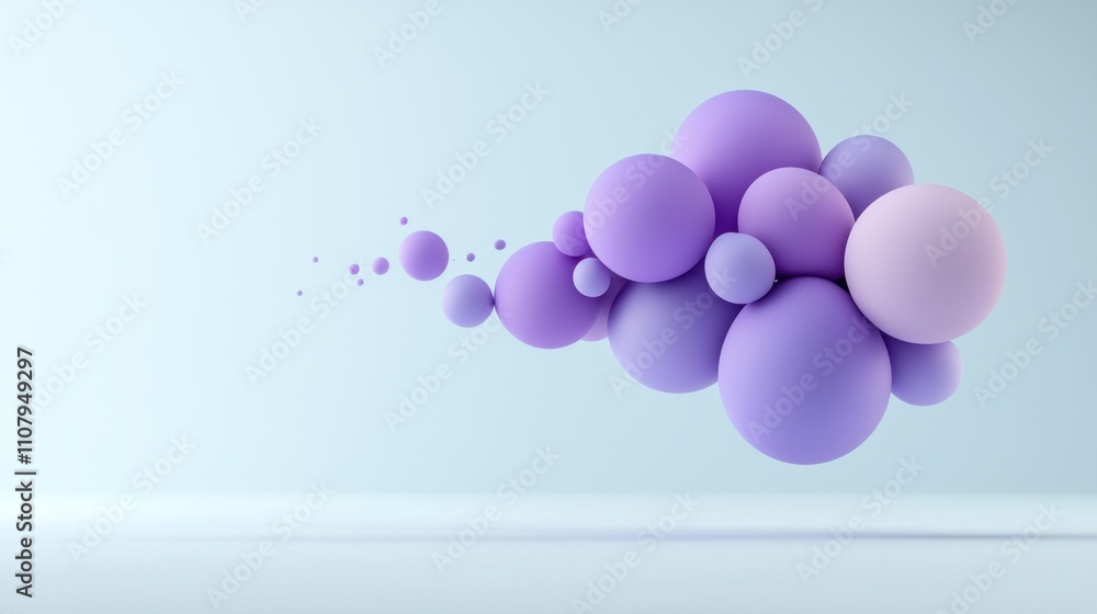 Poster 3d rendering of a group of purple spheres floating in the air. the spheres are spherical and appear 