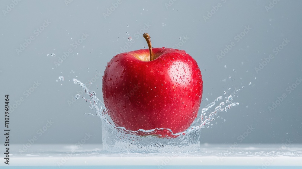 Poster close-up of a red apple falling into a pool of water. the apple is in the center of the image, with 