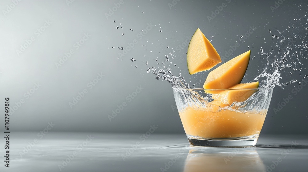 Poster glass of orange juice with a slice of mango falling into it. the glass is placed on a grey surface w