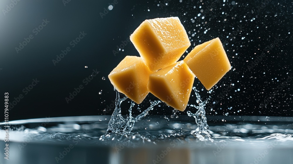 Poster three cubes of orange-colored cheese falling into a pool of water. the cubes are arranged in a trian