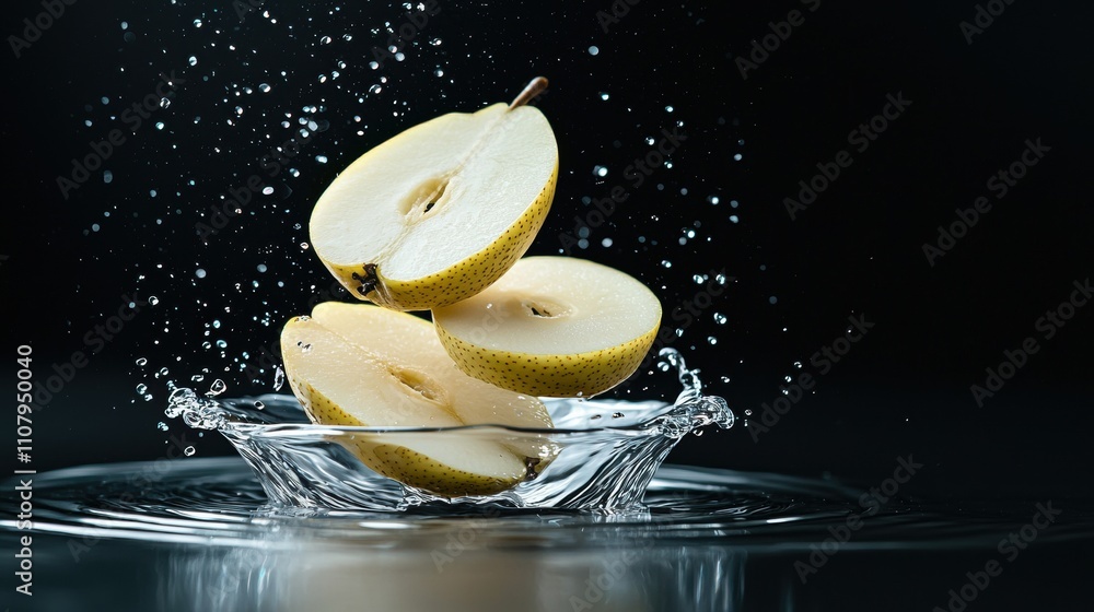 Poster close-up of three sliced pears falling into a pool of water. the pears are arranged in a triangular 