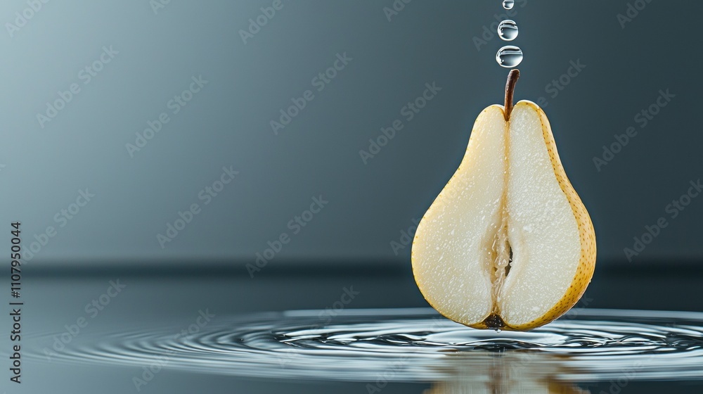 Poster close-up of a pear falling into a pool of water. the pear is in the center of the image, with its st