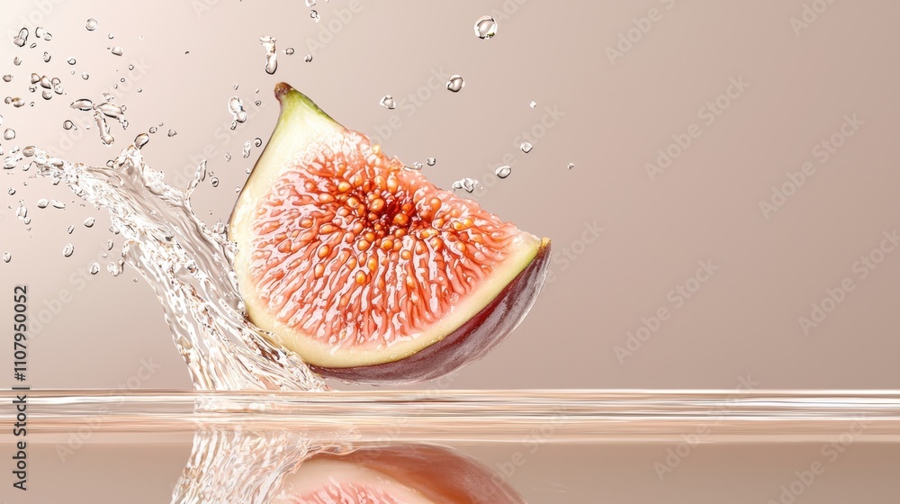 Aufkleber close-up of a fig splashing into a pool of water. the fig is in the center of the image, with its sl