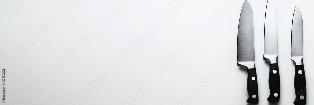 Poster a selection of various kitchen knives is displayed on a clean white background, showcasing their sha