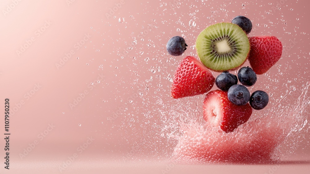 Poster close-up of a bunch of fresh fruits falling into a pool of water. the fruits are arranged in a way t