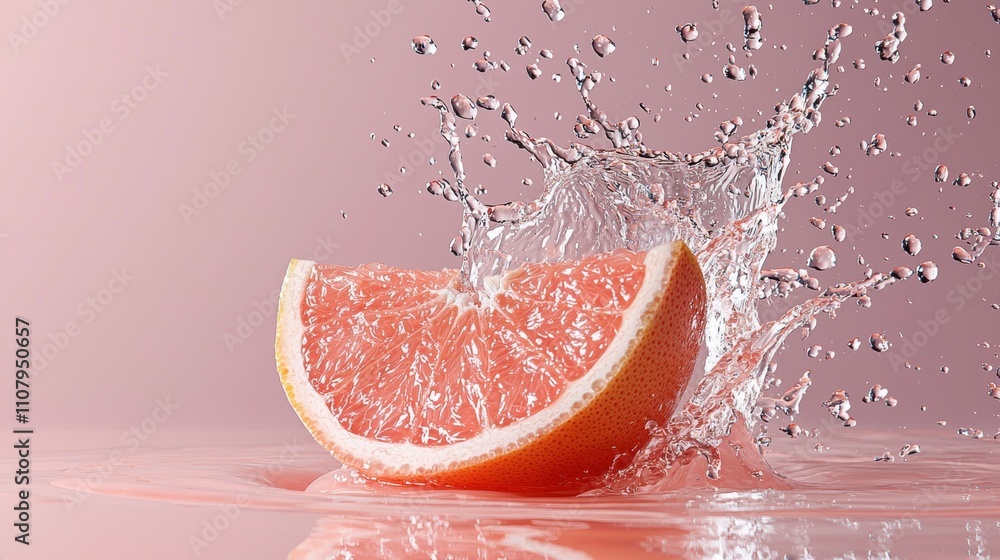 Poster close-up of a slice of grapefruit falling into the water. the grapefruit is in the center of the ima