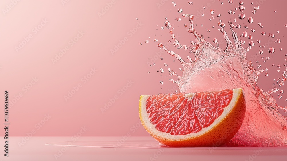 Poster close-up of a grapefruit slice on a pink background. the grapefruit is in the center of the image, w