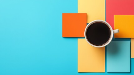 A cup of black coffee sits on colorful geometric backgrounds, offering a vibrant and artistic contrast. Perfect for modern design themes.
