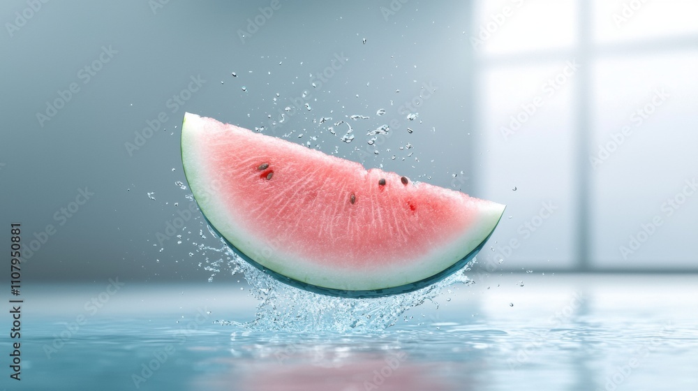 Poster slice of watermelon falling into the water. the watermelon is in the center of the image, with the s