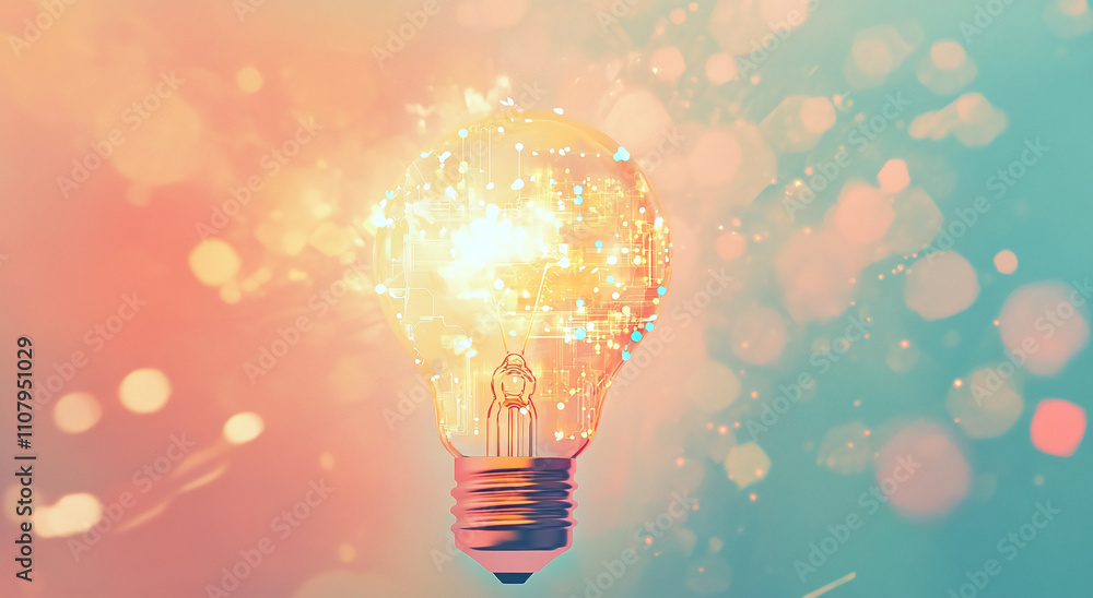 Poster Bright light bulb glowing with sparks and colorful bokeh in the background at nighttime