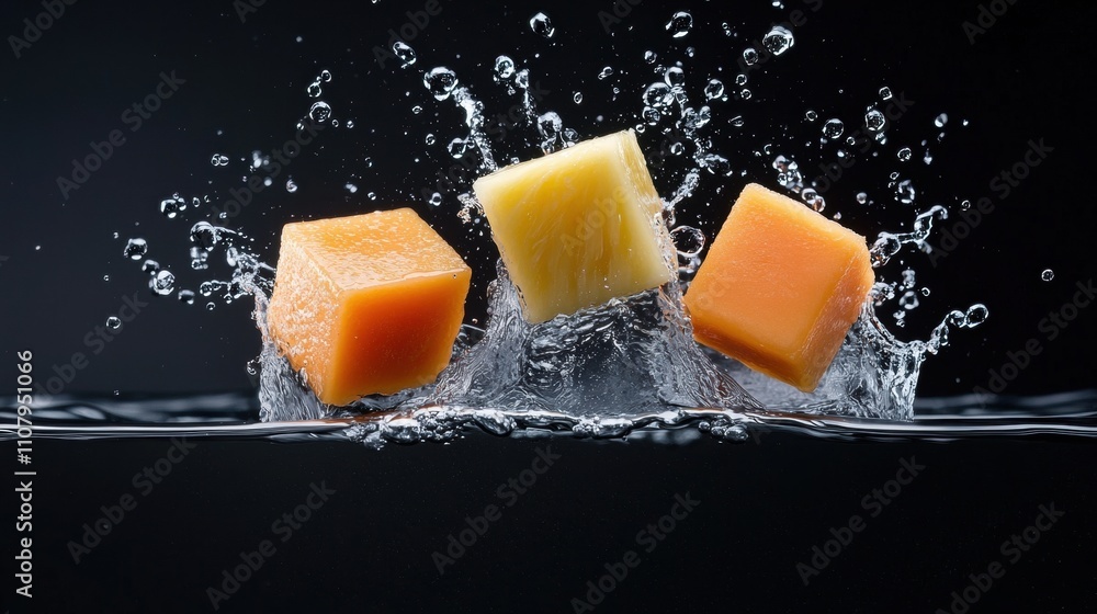Poster three cubes of orange-colored ice cubes falling into a pool of water. the cubes are arranged in a tr