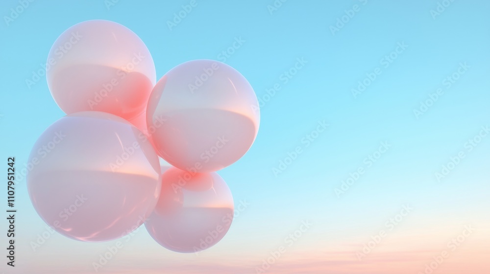 Poster three spherical objects floating in the air against a clear blue sky. the objects are light pink in 