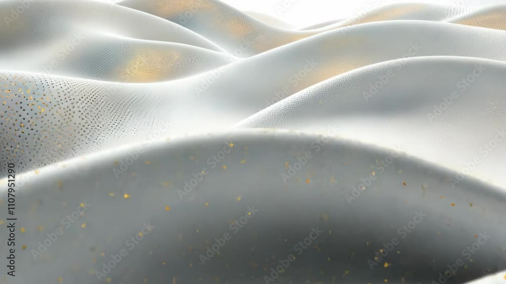 Poster waves of textured material create an abstract landscape with shimmering details in soft hues