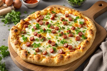 Freshly Baked Pizza with Sausage and Herbs on a Wooden Board