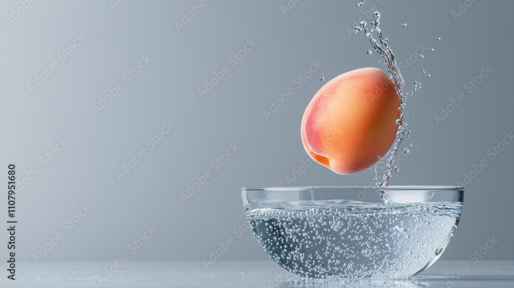 Poster single peach falling into a glass bowl of water. the peach is orange in color and is in the center o
