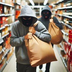 Theft occurs when a thief steals merchandise at a convenience store or a thief steals merchandise at a department store, blurred background.