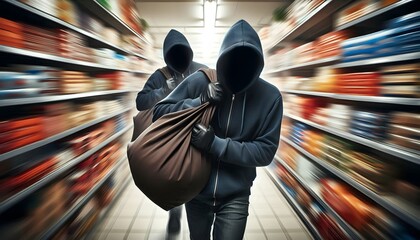 Theft occurs when a thief steals merchandise at a convenience store or a thief steals merchandise at a department store, blurred background.