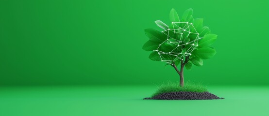 The ESG concept represents sustainability ethics and responsible business practices, depicted on a green network background with a small tree and space for text.