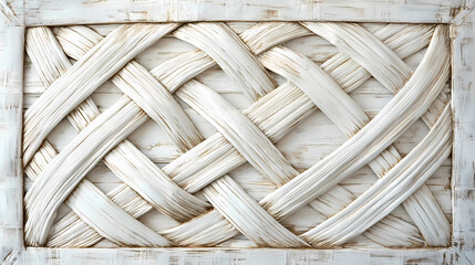 Vintage-inspired woven rattan mat background featuring a distressed, organic pattern of intertwined white bamboo strips, evoking a sense of timeless, rustic charm. Woven. Illustration