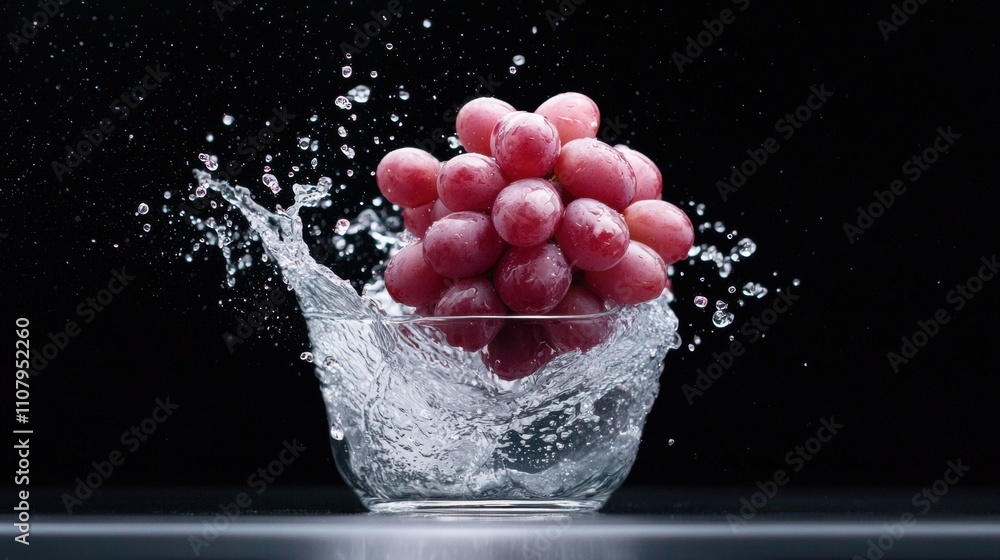 Poster small glass bowl filled with red grapes. the grapes are in the center of the image and are splashing