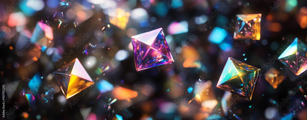Poster Colorful crystal shapes sparkle against a dark background creating an enchanting visual display in bright lighting