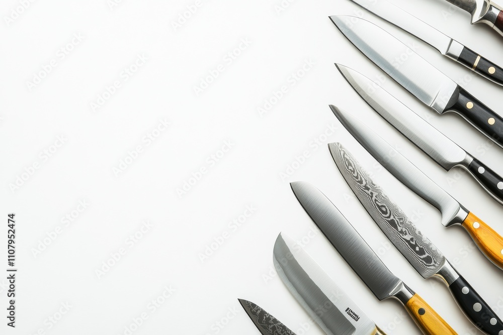 Poster A array of kitchen knives on a clean white background showcases their design, appealing to chefs and cooking enthusiasts. Generative AI
