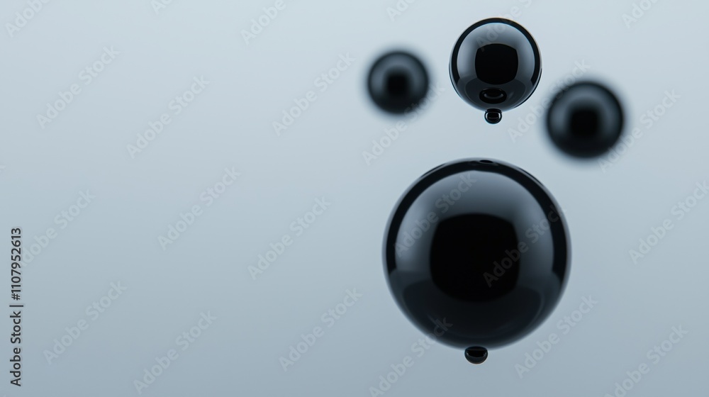 Poster group of five black spheres floating in the air. the spheres are spherical in shape and appear to be