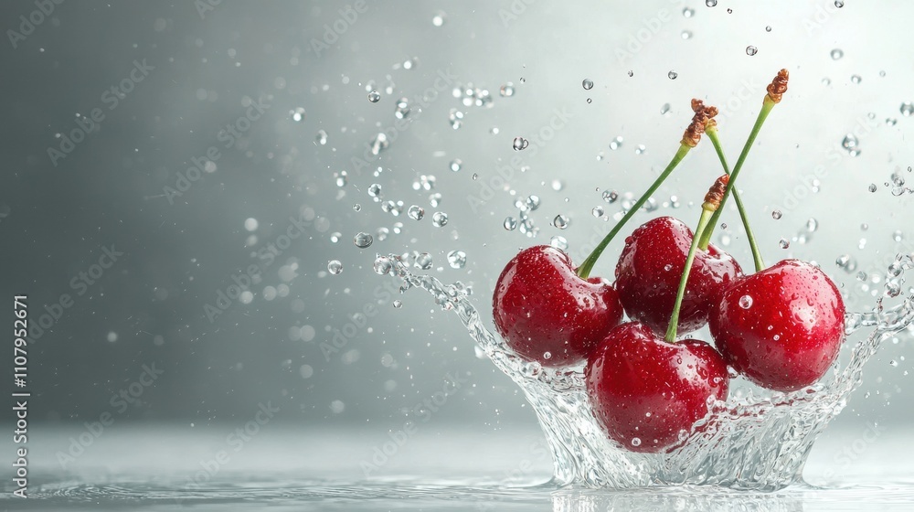 Poster group of four red cherries falling into a pool of water. the cherries are in the center of the image
