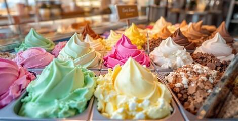 Fototapeta premium Colorful Display of Gourmet Ice Cream Scoops in a Dessert Shop