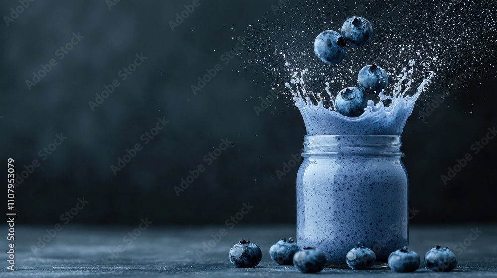 Poster glass jar filled with blueberries. the jar is placed on a dark grey surface with a blurred backgroun