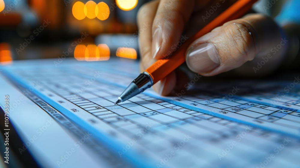 Poster a hand holding a pen over a printed form with a grid layout.