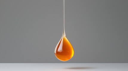 Single drop of orange liquid hanging from a thin silver wire. the drop appears to be made of glass or a similar material and is suspended in mid-air.