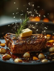 Juicy T-bone steak with rosemary and garlic, seared to perfection in a pan, AI-generated