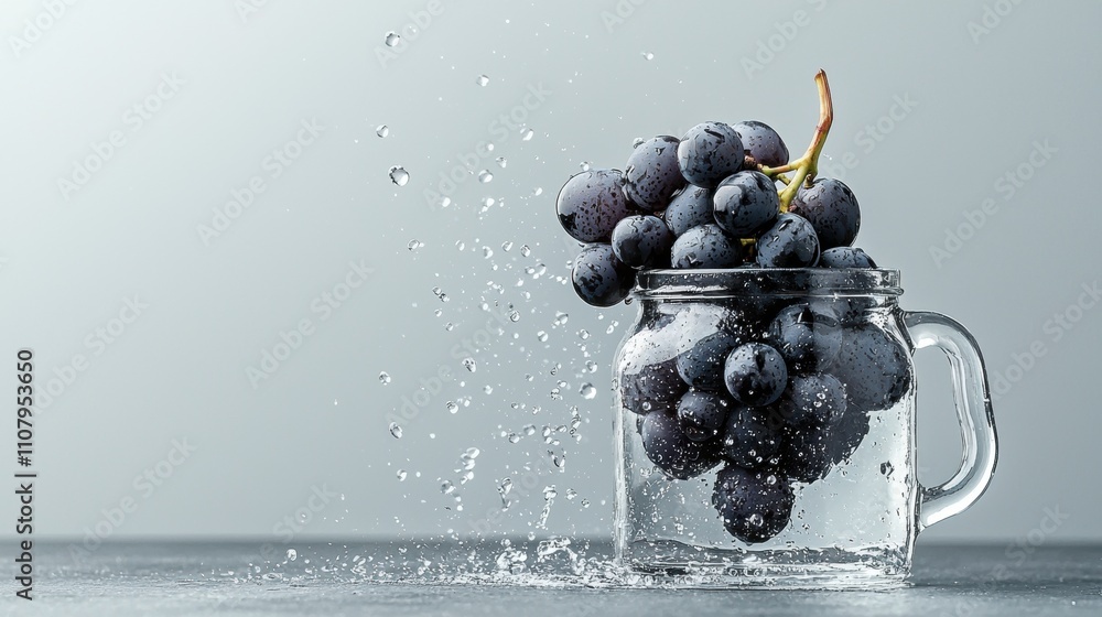 Poster glass jar filled with dark purple grapes. the jar is placed on a grey surface with water droplets sp