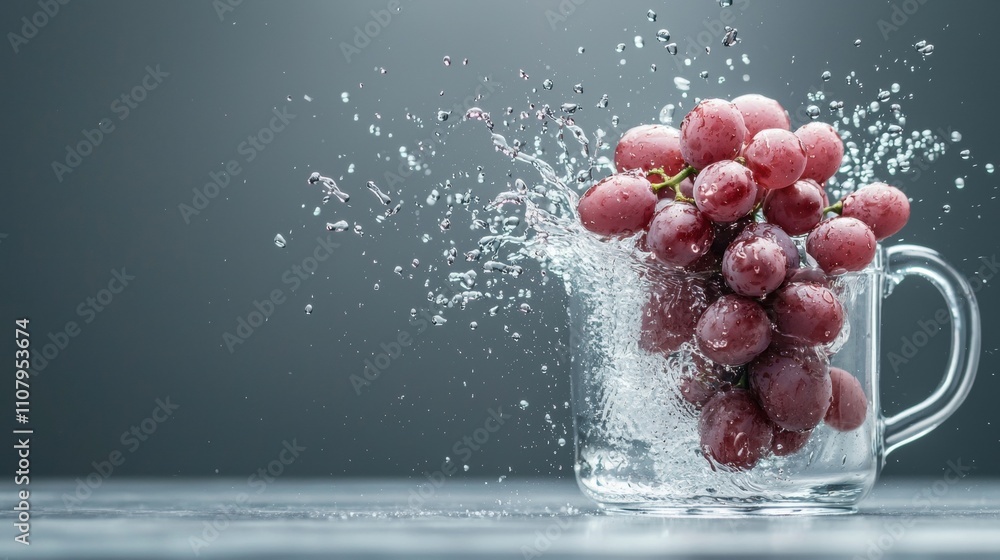 Poster glass mug filled with red grapes. the grapes are splashing out of the mug, creating a splash effect.
